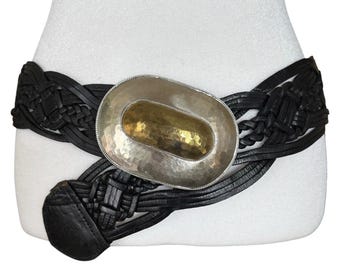 Y2K Chico's Black Leather Woven Statement Belt Large Buckle Hammered Brass S/M