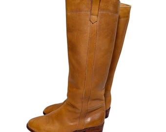 Vintage Leather Riding Boots Women's Tan Knee High Size 7 Campus Boho Y2K