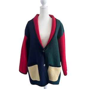 VTG 90s Primary Color Block Blazer Sweater Wool Size Large Patch Pockets Chore