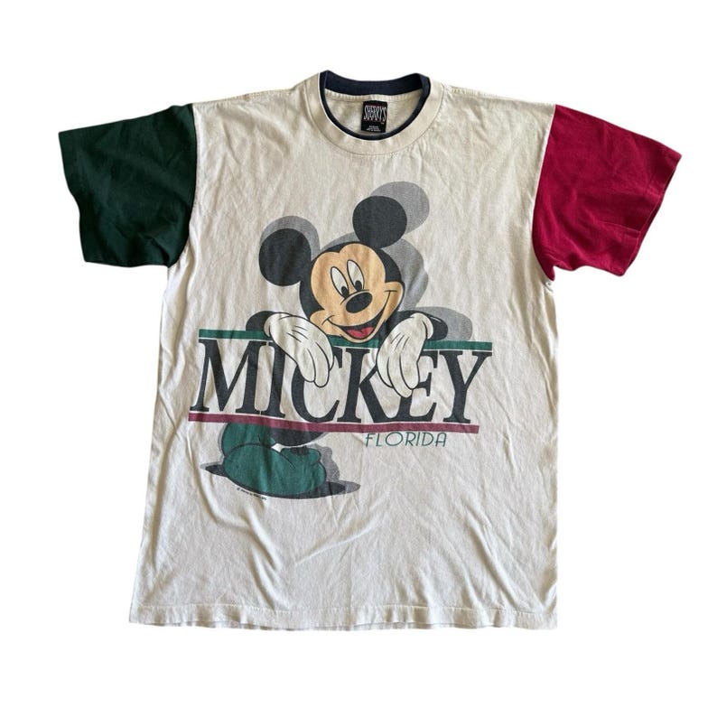 VTG 90's Mickey Mouse T-Shirt Sz Medium Colorblock Front And Back Print image 1