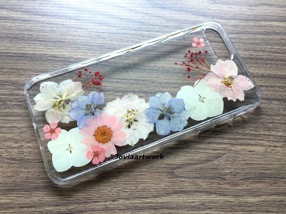 Pressé De Véritable Fleur Séchée Iphone Cas Coque Cristal Clair