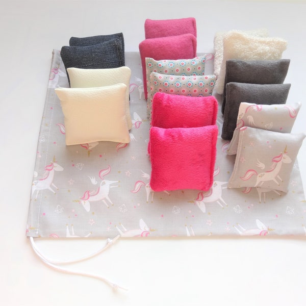 16 coussins sensoriels pour bébé et son sac - Modèle au choix - Méthode montessori - Développement de l'enfant - Fille ou garçon