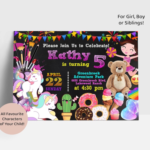 Custom Themes Birthday Invitation for Boy, Girl or Siblings, All Favourite Characters of Your Child, Double Twins Invite, Personalized JPEG