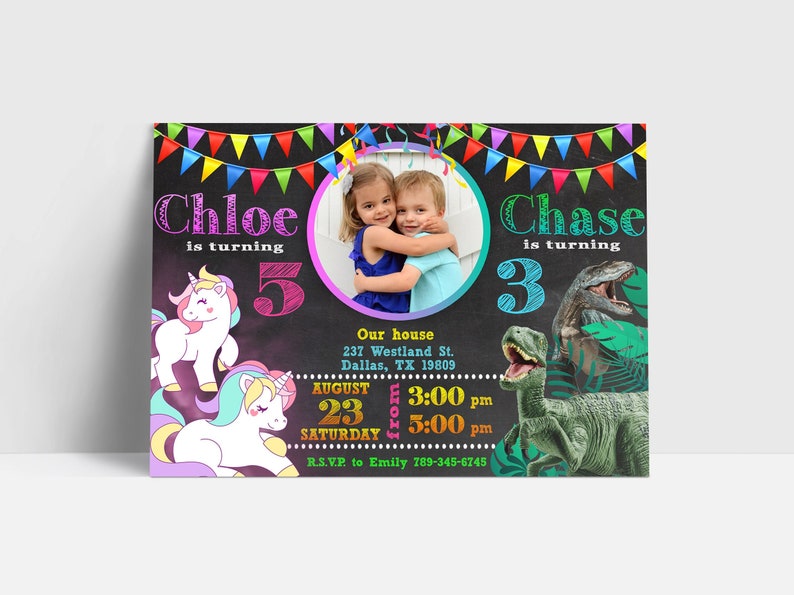 Sibling Birthday Invitation, Double Birthday Invitation, Dual Combined Twins Birthday Invitation, Custom Invitation, Personalized JPEG image 1