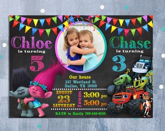 Sibling Birthday Invitation, Double Birthday Invitation, Dual Combined Twins Birthday Invitation, Custom Invitation, Personalized JPEG