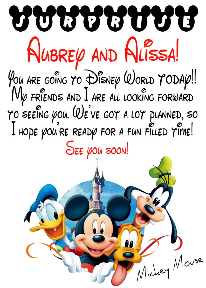 Printable Surprise Going To Disney World Letter