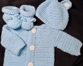 Handmade newborn baby sweater set sweater, hat and booties with bear ears in blue