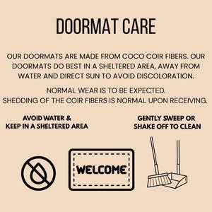 May include: A beige graphic with the text "DOORMAT CARE" and instructions for doormat maintenance. The image includes a "WELCOME" doormat design, a water droplet symbol with a line through it, and illustrations of a broom and dustpan.