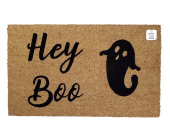 Hey Boo Ghost Doormat | Cute Halloween Welcome Mat | Spooky Fall Porch Decor | Ghost Front Door Rug | Handmade Coir Mat | Trick or Treat