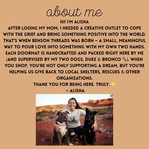 May include: Text on a tan background reads "about me" and "Hi! I'm Alisha." The text describes the creation of Benson Threads. A photo shows Alisha with two dogs, a gray pit bull and a black dog.