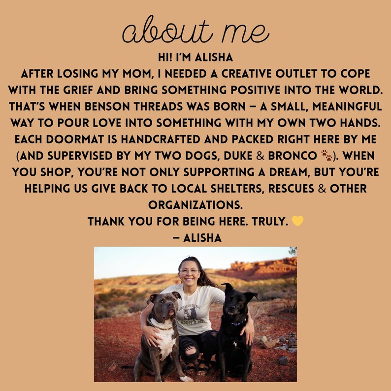 May include: Text on a tan background reads "about me" and "Hi! I'm Alisha." The text describes the creation of Benson Threads. A photo shows Alisha with two dogs, a gray pit bull and a black dog.