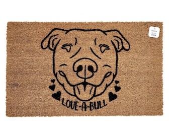 Love-A-Bull Doormat | Pitbull Lover Welcome Mat | Dog Breed Entry Rug | Funny Pet Owner Doormat | Gift for Pitbull Parents | Valentine's Day