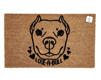 Love-A-Bull Doormat |  Valentine's Day | Pitbull decor | Pitbull mom |  Pitbull Lover Welcome Mat | Gift for Pitbull Moms & Dads | Dog Mat