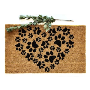 Heart Paw Print Doormat | Pet Lover Welcome Mat | Dog Paw Mat | Cat Lover Gift | Animal Entry Rug | Coir Front Door Mat | Pet Themed Decor