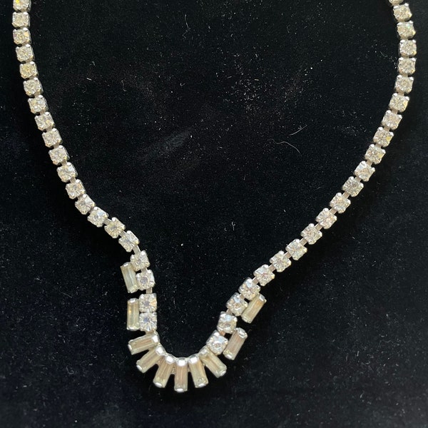 Vintage Art Deco Crystal Rhinestone Necklace Baguette Glass Stones Choker Collar Bib 1930s 1940s Fold Over Clasp Jewelry Glamour Silver Tone