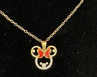 Minnie Mouse Pendant Shiny Gold Red Rhinestone Charm Pendant Bow Chain Link.