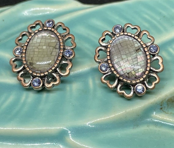 Vintage Heart Copper Mosaic Abalone Earrings Rhin… - image 1