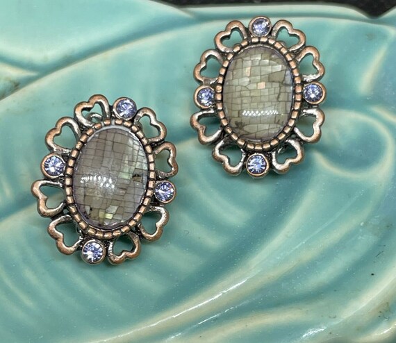 Vintage Heart Copper Mosaic Abalone Earrings Rhin… - image 6