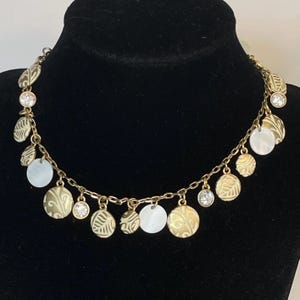 VTG Lia Sophia Engraved Asian Round Disc Coin Necklace Fringe Collar Shell Bib