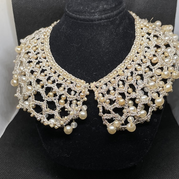 Antique Victorian Crochet Lace Glass Pearl Collar… - image 1