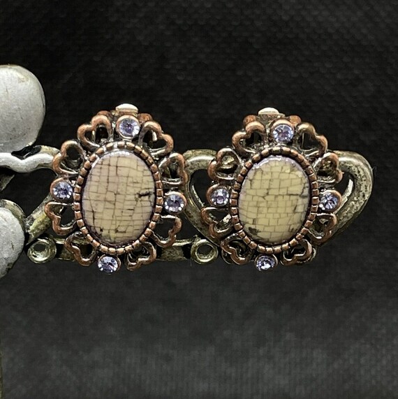 Vintage Heart Copper Mosaic Abalone Earrings Rhin… - image 4