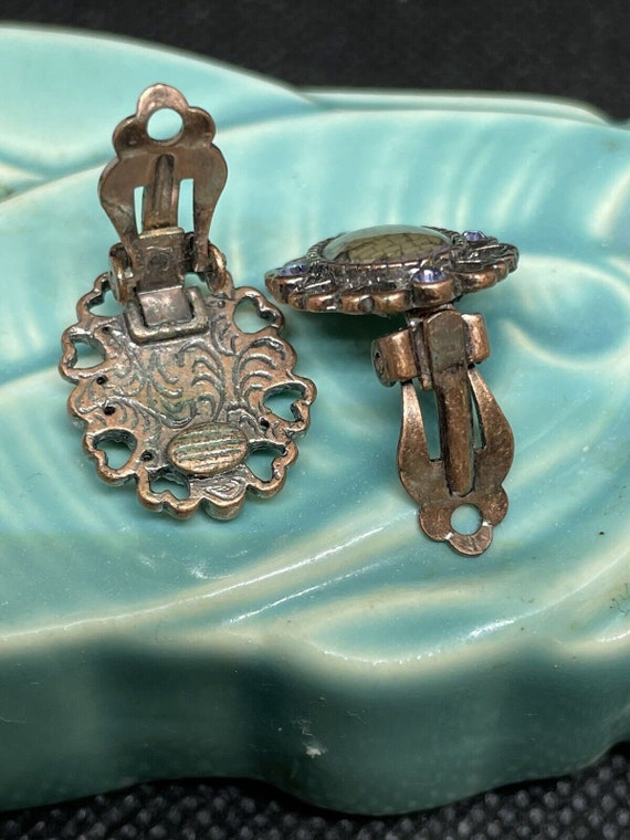 Vintage Heart Copper Mosaic Abalone Earrings Rhin… - image 2