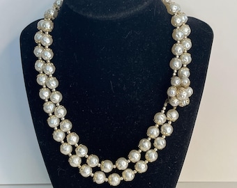 Vtg Pearl Bead 2 Strand Necklace Spacers Pendant Flower Clasp Gold Acrylic 1950