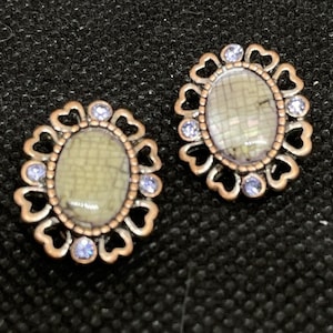 Vintage Heart Copper Mosaic Abalone Earrings Rhinestone Clip On 1950s Patterned Oval Blue Rhinestones Decorative Back