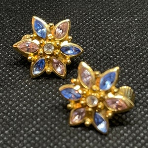 Vintage Flower Star Earrings Clip On Lavender Pink Blue Faceted Marquise Stones Gold Tone Setting Floral Celestial 1960s