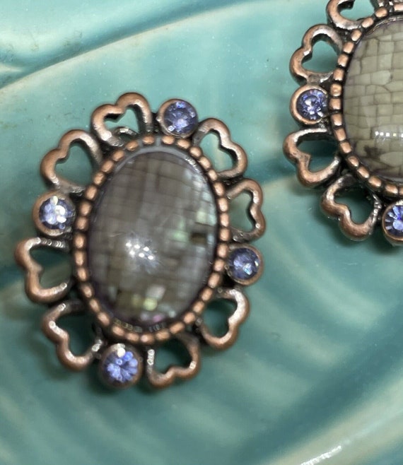 Vintage Heart Copper Mosaic Abalone Earrings Rhin… - image 9