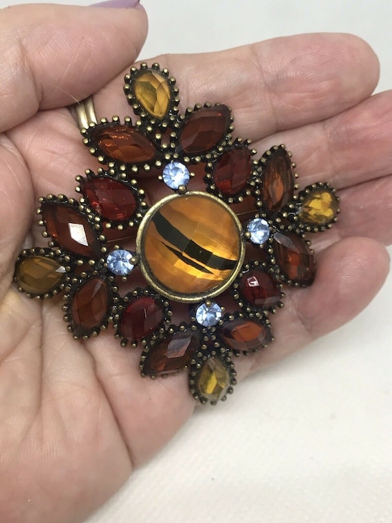 Vintage Jewel Encrusted Brooch Multi Color Cats Eye Center Faceted Round Stone Etsy
