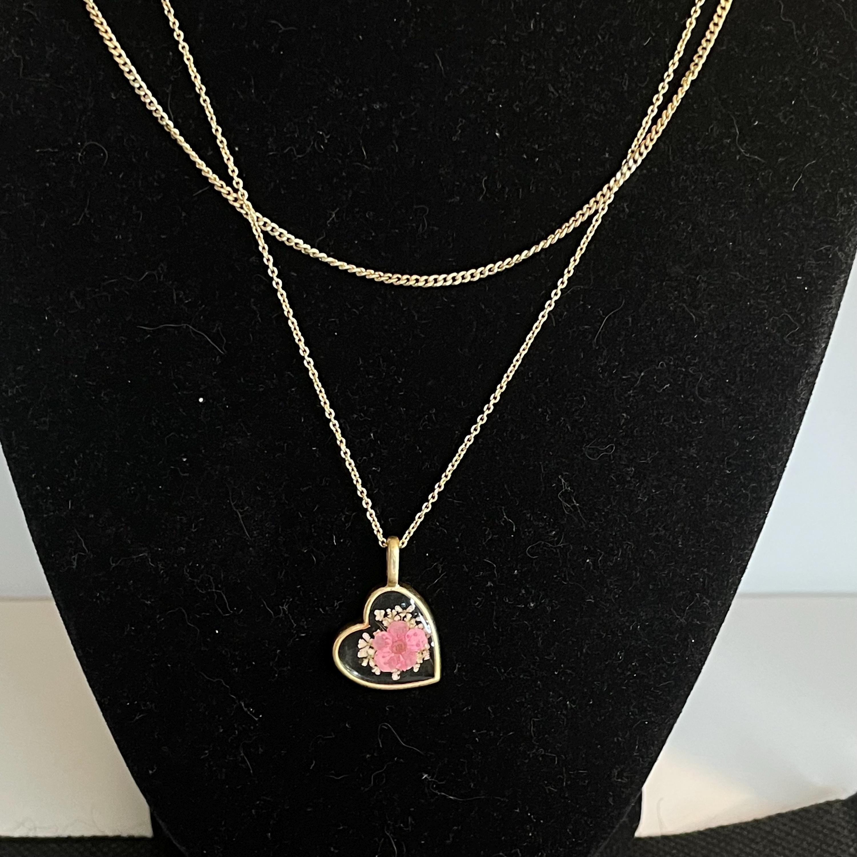 Vtg SU CZ CH Pressed Pink Flower Pendant Necklace Gold