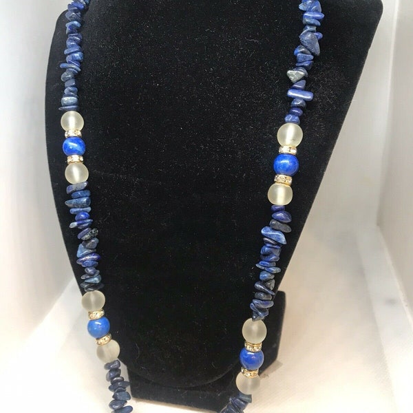Vintage Blue Lapis Lazuli Bead Gemstone Necklace Rhinestone Rondelles Moon Glow Bohemian Exotic Layered Jewelry