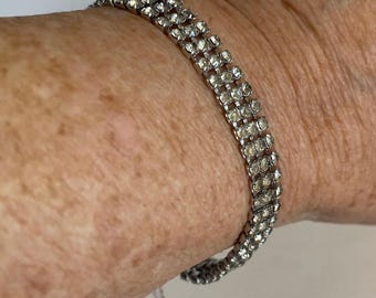 1950s 3 Row Clear Prong Set Crystal Rhinestone Silver Tennis Bracelet Sparkle