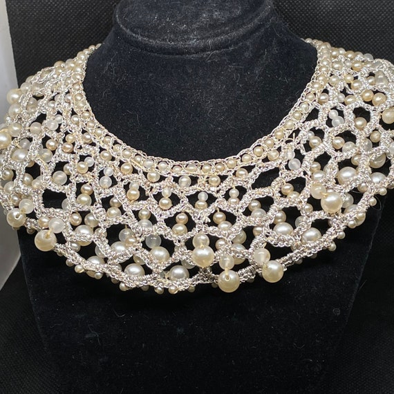 Antique Victorian Crochet Lace Glass Pearl Collar… - image 6