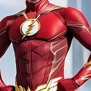 May include: A red and gold superhero costume with a lightning bolt symbol on the chest. The costume has a textured, detailed design.