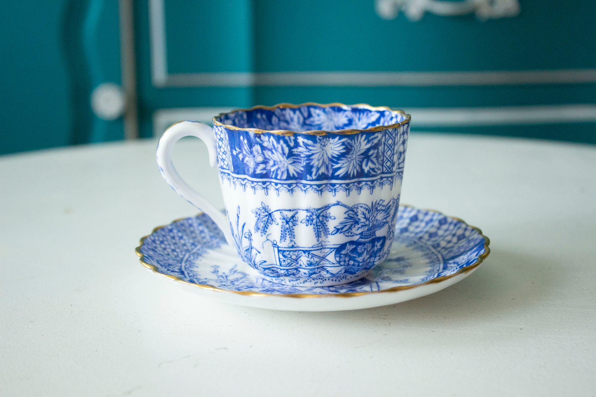 Antique Demitasse tea cup and saucer Imperial Germany aqua rims