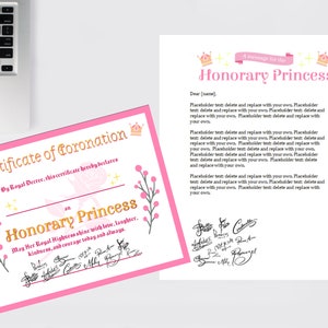 Modelo e certificado de carta de princesa honorária