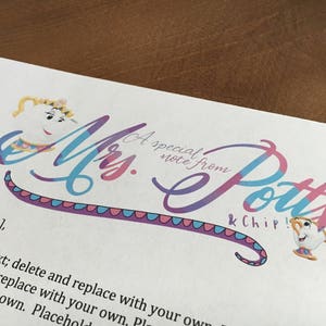 May include: A white card with a purple and blue design featuring Mrs. Potts and Chip from Disney's Beauty and the Beast. The text reads "A special note from Mrs. Potts & Chip!" and "Dear [name], placeholder text; delete and replace with your own. Delete and replace with your own. Placehold"
