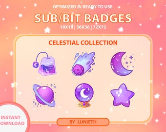 May include: A set of 6 celestial themed Twitch sub and bit badges. The badges feature a purple tea bag, a purple comet, a purple crescent moon, a purple planet with rings, a purple crystal ball, and a purple star. The badges are available in 3 sizes: 18x18, 36x36, and 72x72 pixels.
