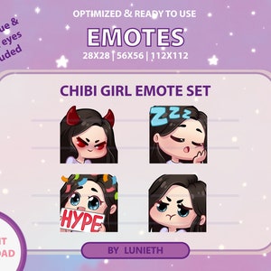 Black Hair Light Skin Girl Emote |  Blue Green & Brown Eyes | Cute Chibi Girl Twitch Emotes Pack | Instant Download | Premade Design