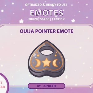 Puede incluir: Un emoji de puntero de tablero de ouija negro y dorado con un diseño de luna creciente y estrella. El emoji está disponible en tres tamaños: 28x28, 56x56 y 112x112 píxeles.