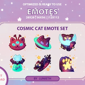 Set di emote con gatto cosmico, design carino di emote Twitch, YouTube Discord su Twitch, punti canale