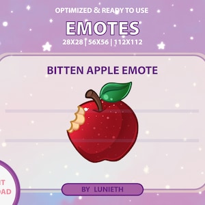 Op de afbeelding: Een rode appel met een hap eruit. De appel heeft een groen blad bovenop en een bruine steel. De tekst "BITTEN APPLE EMOTE" staat boven de appel. De tekst "EMOTES" staat bovenaan de afbeelding. De tekst "28X28 | 56X56 | 112X112" staat onder de tekst "EMOTES". De tekst "INSTANT DOWNLOAD" staat in de linkerbenedenhoek van de afbeelding. De tekst "BY LUNIETH" staat in de rechterbenedenhoek van de afbeelding.