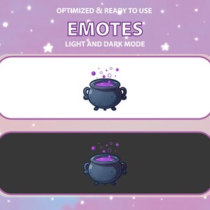 May include: A purple potion bubbles in a black cauldron with white steam rising from the top. The image is displayed on a white background and a black background, showing how the image will look in light and dark mode.