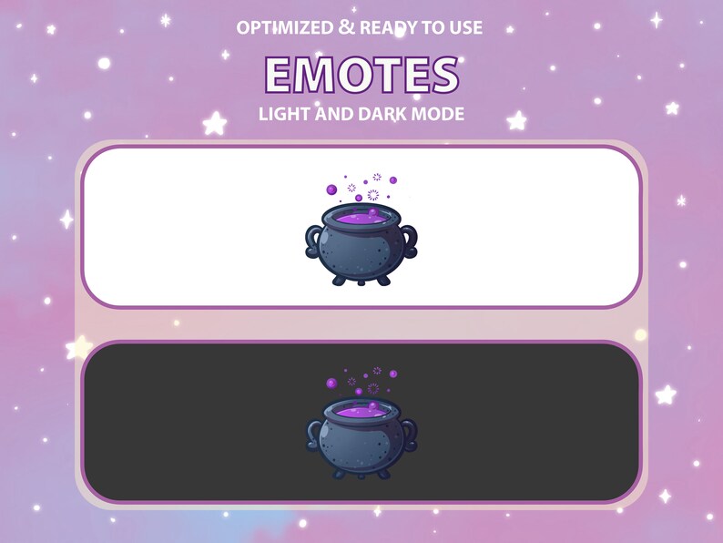 May include: A purple potion bubbles in a black cauldron with white steam rising from the top. The image is displayed on a white background and a black background, showing how the image will look in light and dark mode.