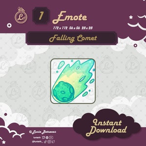 May include: A digital illustration of a green and yellow comet with a tail of fire, against a white background with a repeating pattern of small bottles. The text "1 Emote" and "Falling Comet" is displayed above the image. The text "Instant Download" is displayed below the image.
