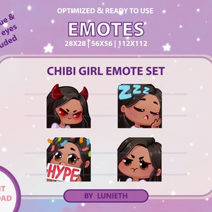 Black Hair Tan Skin Girl Emote |  Blue Green & Brown Eyes | Cute Chibi Girl Twitch Emotes Pack | Instant Download | Premade Design