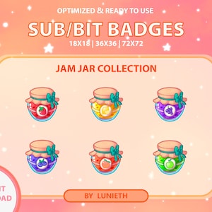 May include: Six cartoon jam jar badges with various fruit fillings, such as strawberries, lemons, grapes, blueberries, peaches, and green apples. Each jar has a wooden lid and a teal bow. The image includes the text "SUB/BIT BADGES" and "JAM JAR COLLECTION".