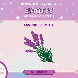 May include: Lavender flower emote with green leaves and purple flowers. The emote is available in three sizes: 28x28, 56x56, and 112x112 pixels. The text "LAVENDER EMOTE" is displayed above the image. The text "BY LUNIETH" is displayed below the image.